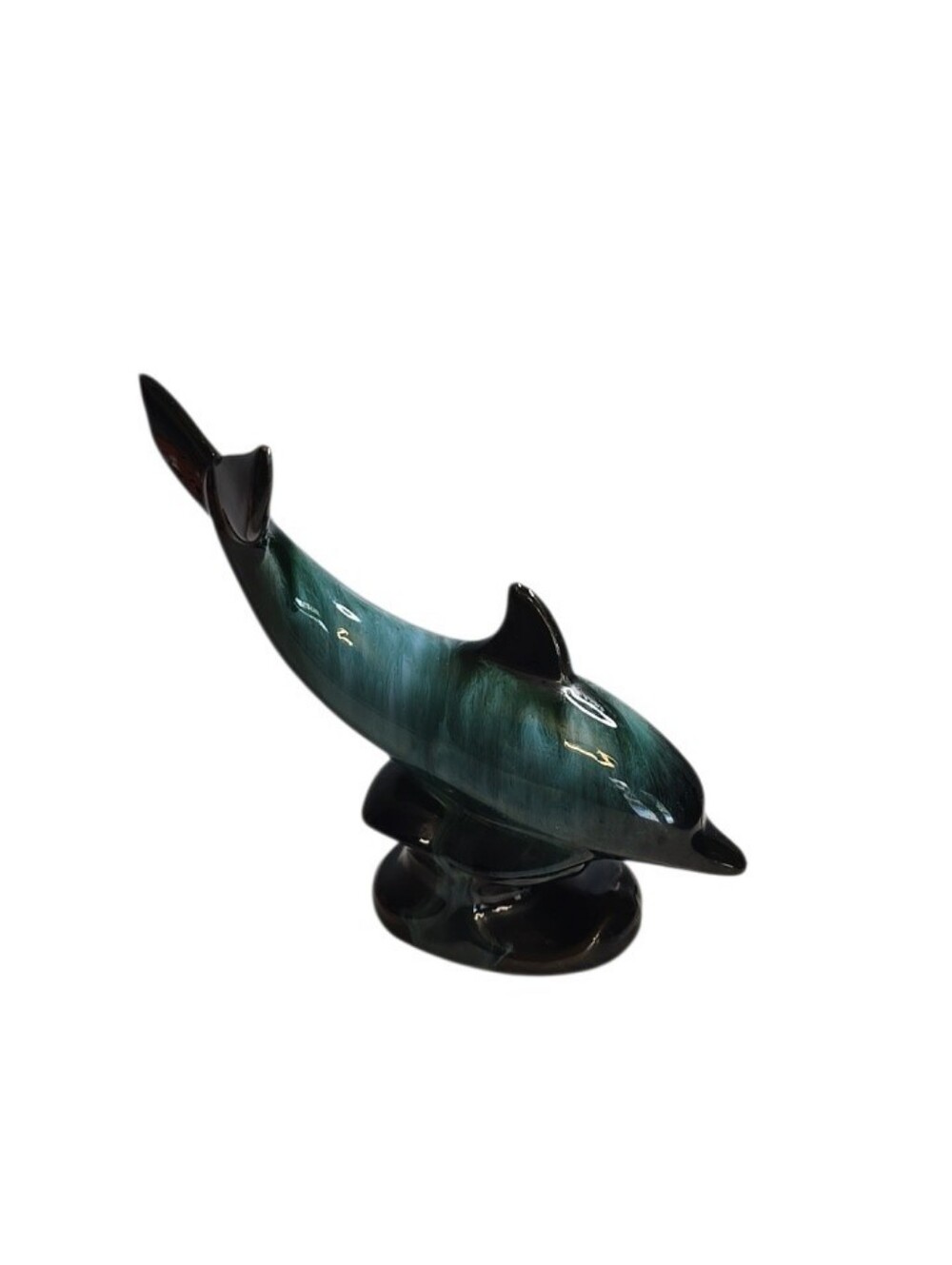 Blue Mountain Pottery Dolphin on Wave Drip Glaze Red Clay Teal Black Figurine